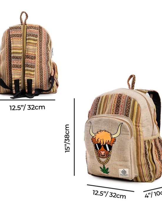 Freakmandu Hemp Patch Backpack with Fun Bull Graphic - Beige & Multicolor main image 4
